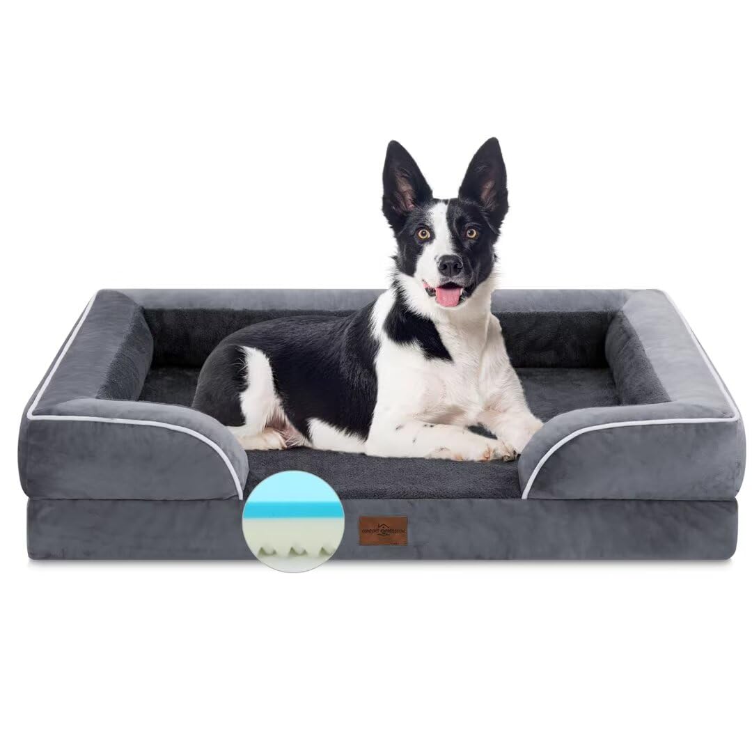 Comfort Expression Cooling Dog Bed For Large Dogs, Memory Foam Orthopedic Dog Bed, Waterproof Dog Beds, Washable Dog Bed With Removable Cover,Pet Bed Dog Sofa With Bolster(Large,Leaden Grey)