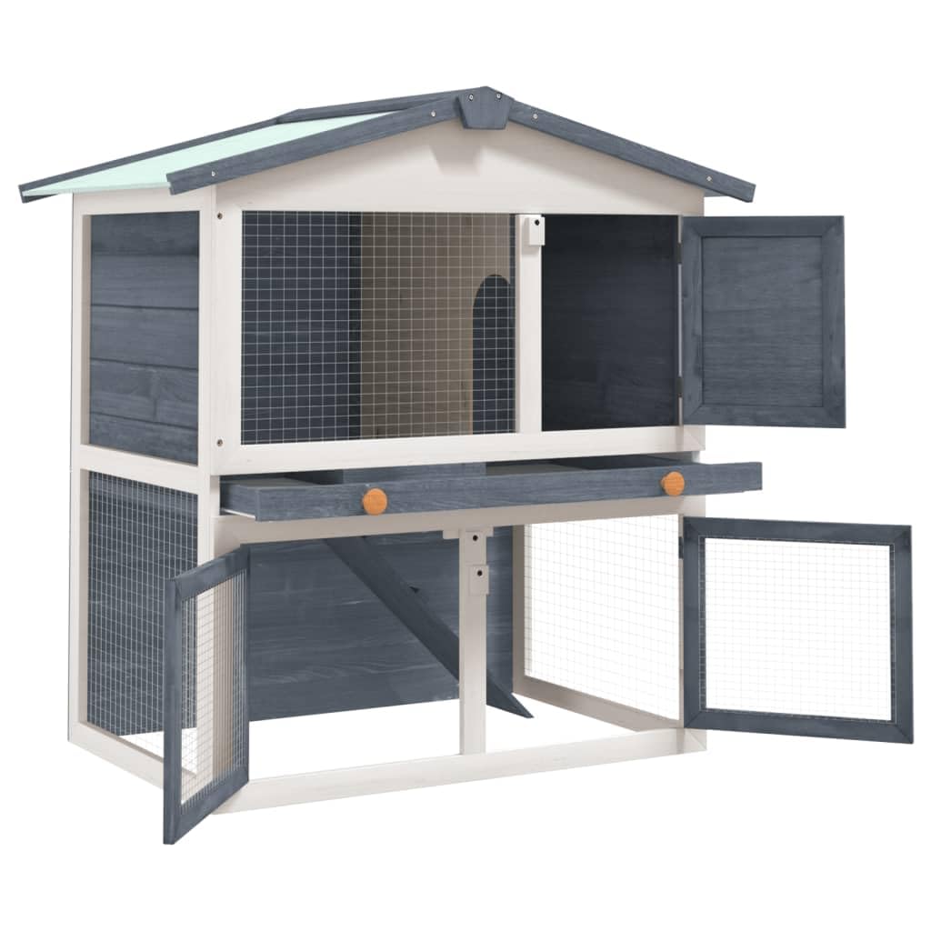 vidaXL Gray Wood Outdoor Rabbit Hutch with 3 Doors - Spacious 2-Tier Design, Weatherproof Roof, Cozy Cubby, Safety Features, Eas