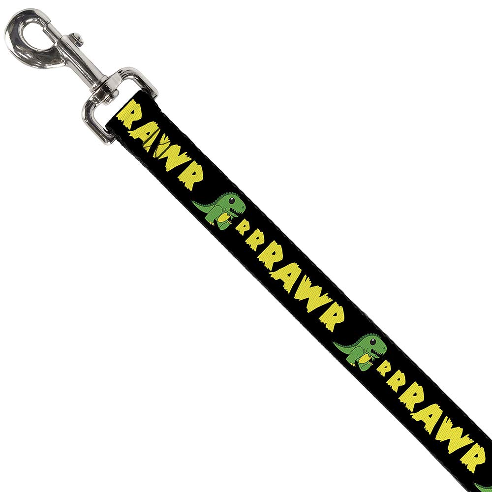 Buckle-Down Dog Leash Rrrawr Dinosaur Black Green Yellow 6 Feet Long 0.5 Inch Wide