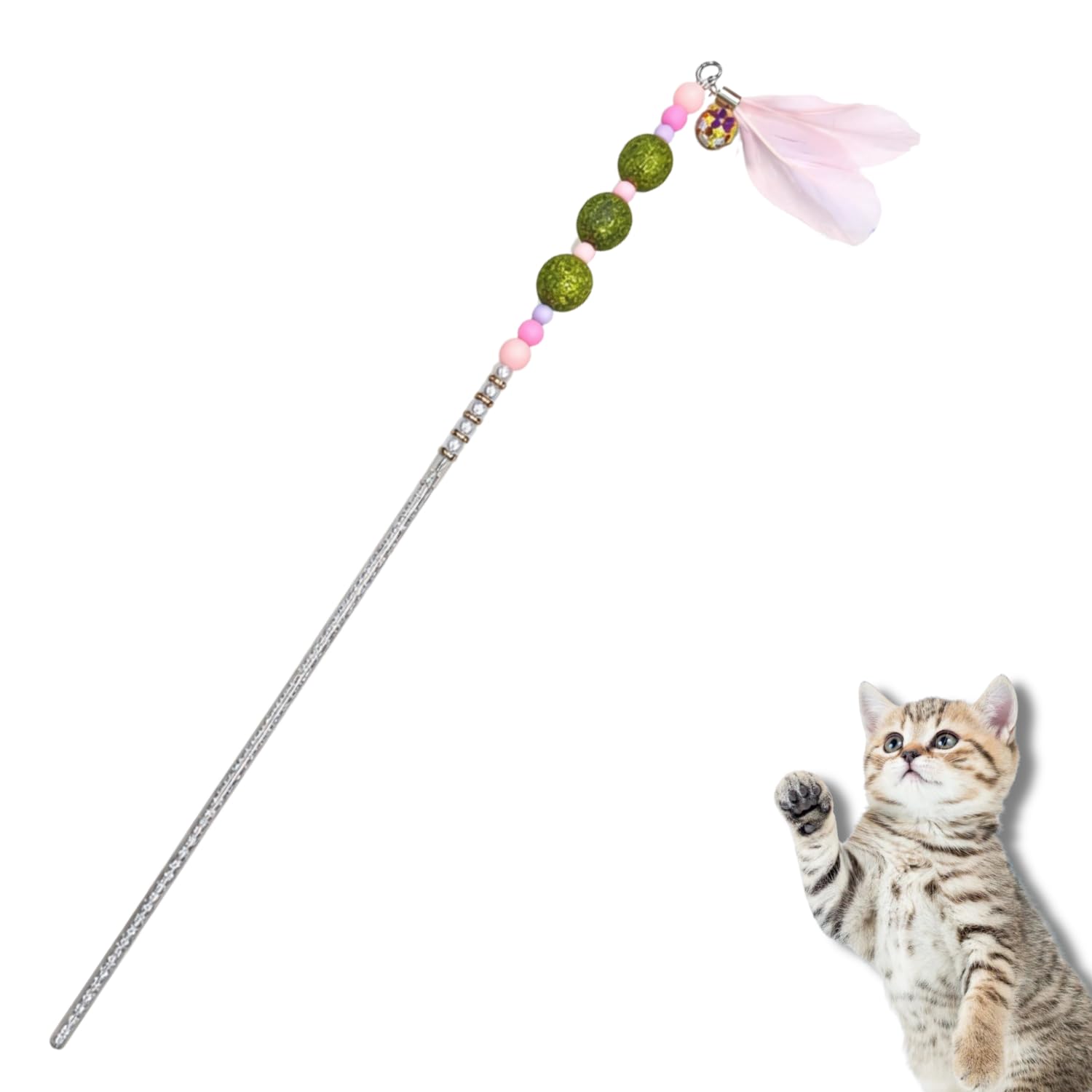 Cature Interactive Cat Teaser Wand Toy With Feather & Beads  Durable Metal Stick Cat Toy For Indoor Cats & Kittens, Fun Exercis
