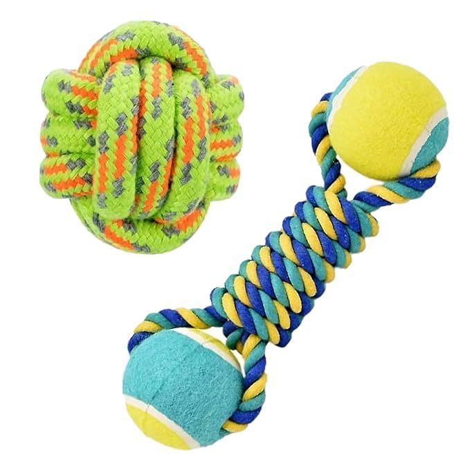 WOOF N Play Pets Toys Dog Chew Rope Toys Combo for Dogs & Puppies 2 in 1 Ball DualTennis Knotted Chewing Dog Toy for Playing, T