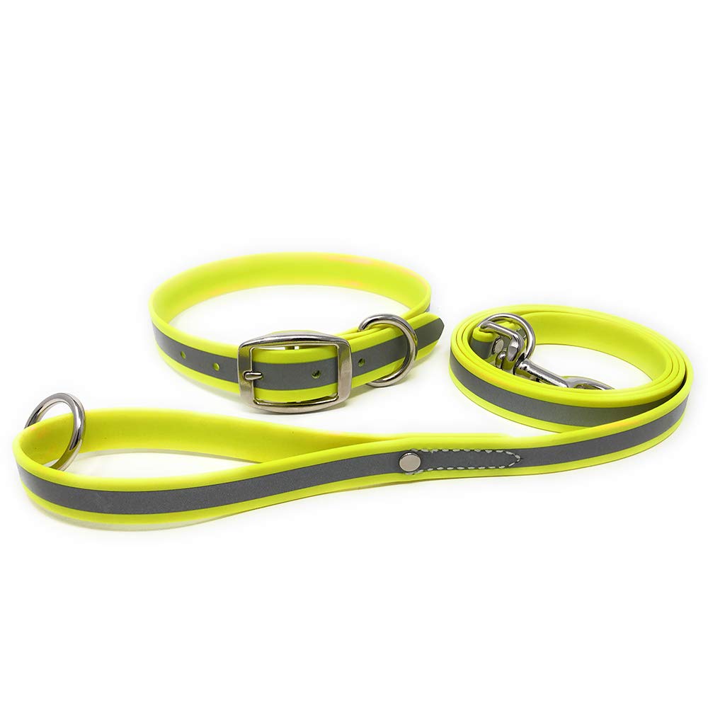 Regal Dog Products Small Yellow Reflective Dog Collar And Leash Set - Waterproof Biothane Dog Collar With Heavy Duty Double Buck