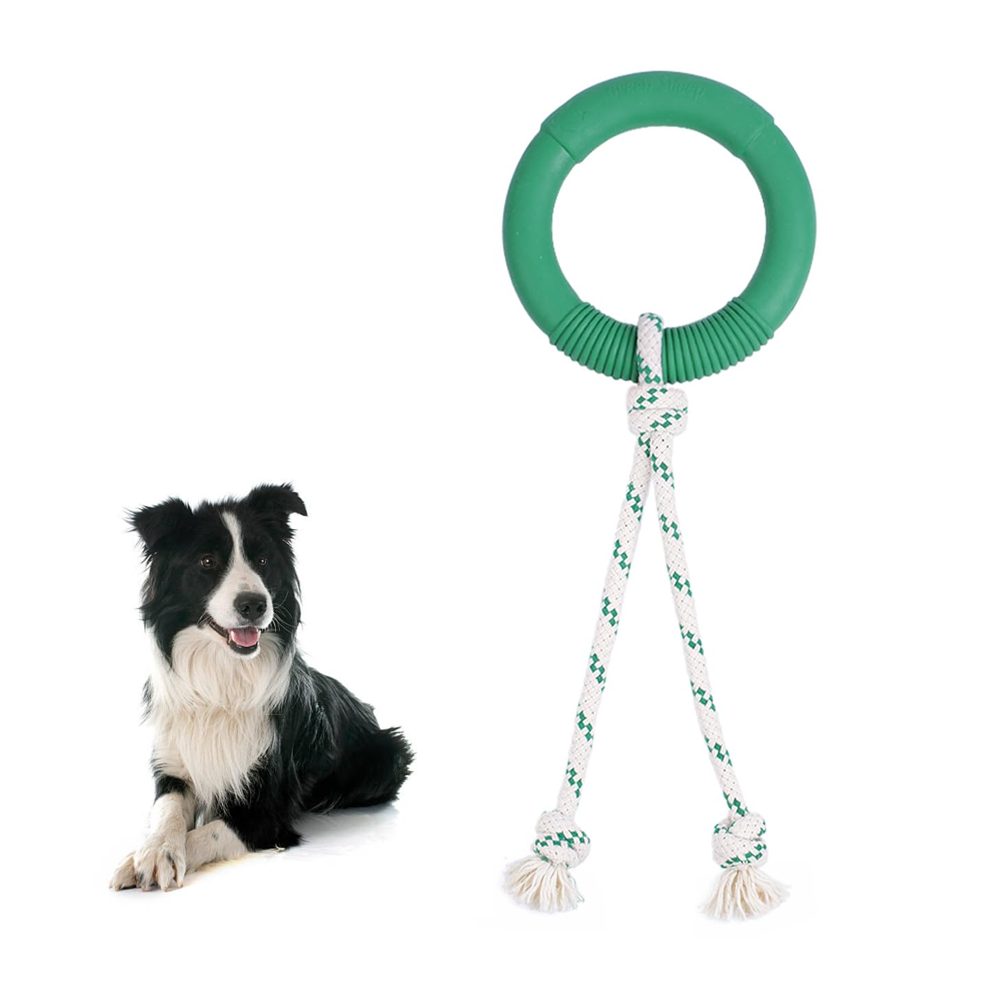 Green Sheep Natural Rubber Ring Rope Toy for Dogs, Durable Chew & Interactive Dog Toy with Recycle Cotton Rope, Tough Pet Toys f