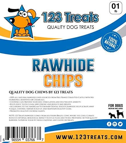 123 Treats Rawhide Chips, Premium Rawhide Dog Chews, Natural Grass Fed Livestock with No Hormones, Additives or Chemicals, Tasty
