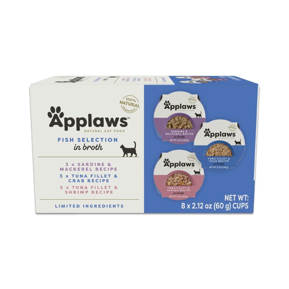 Applaws Natural Wet Cat Food, 8 Count, Limited Ingredient Cat Food Pots, Fish Variety Count in Broth, 2.12oz Pots