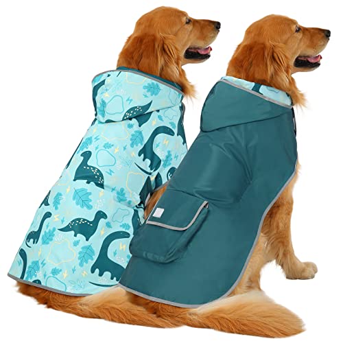 HDE Reversible Dog Raincoat Hooded Slicker Poncho Rain coat Jacket for Small Medium Large Dogs Dinosaurs - XXL