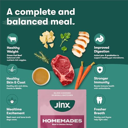 Jinx Beef Grain Free Wet Dog Food Pouches, Meal or Dog Food Topper Mix-in, Made with Real Beef & Chicken, Bone Broth, No Fillers