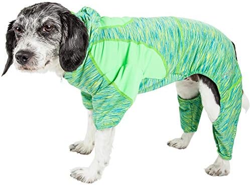 Pet Life  Active Downward Dog Heathered Performance 4Way Stretch Twotoned Full Body Warm Up Hoodie, Green  Small