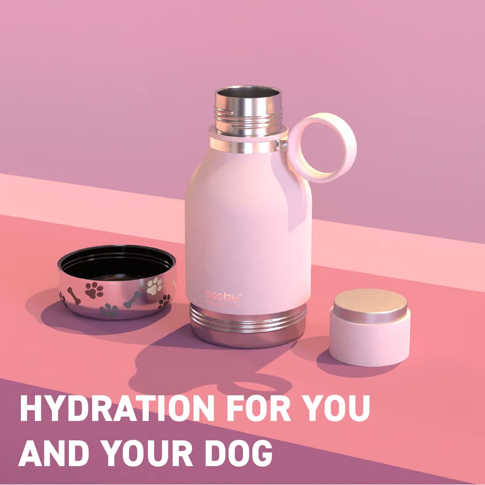 Asobu Dog Bowl Attached To Stainless Steel Insulated Travel Bottle For Human 37Oz/1.1 Liter With Detachable Dog Bowl (Pink)