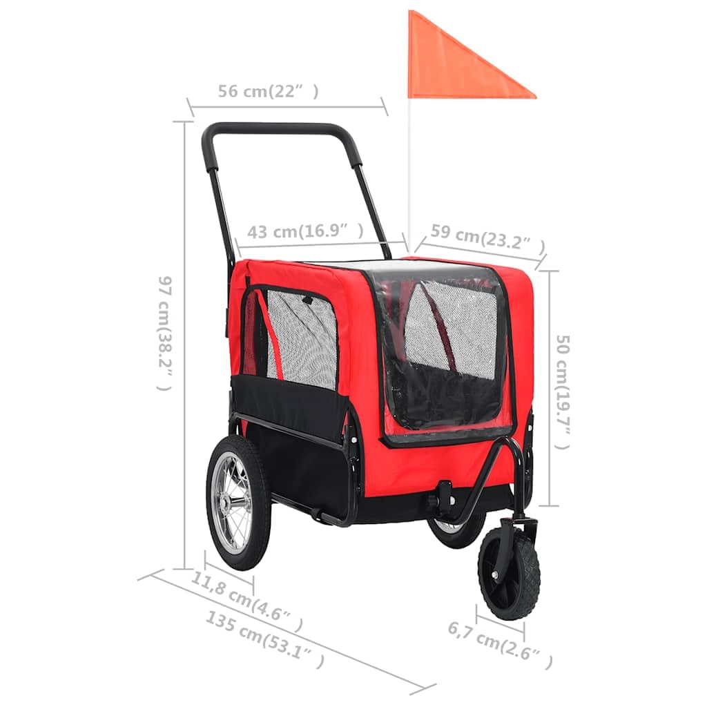 vidaXL 2-in-1 Pet Bike Trailer and Jogging Stroller, Versatile with Quick Conversion, Sturdy Steel Frame, Water-Resistant Oxford Fabric, Mesh Windows, Red and Black
