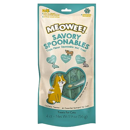 MEOWEE! Savory Spoonables with Real Duck, Beef & Rabbit, 4 Count Tube, Triple Flavor Squeezable Lickable Wet Treats for Cats wit