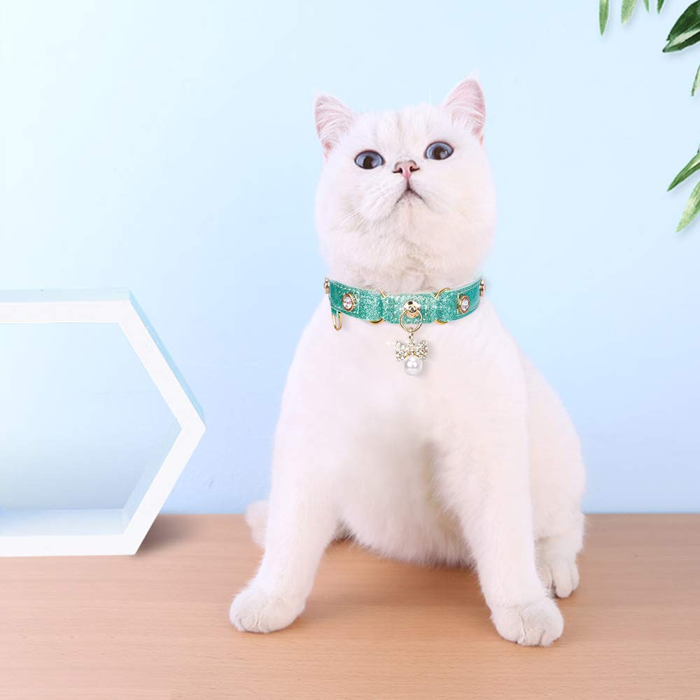 Petshome Cat Collar, Dog Collar, [Bling Rhinestones] Pu Leather Adjustable Pet Collar With Luxury Pendant For Cat And Small Dog Extra Small Mint Green