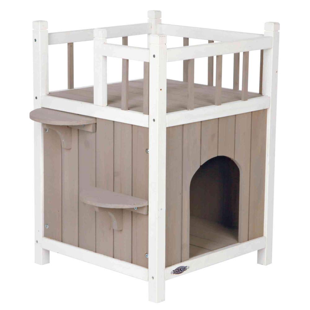 TRIXIE Elevated Cat House with Balcony, Weatherproof Shelter, 17.5"x17.5"x25.5", Wood, Model 44093, Ideal for Cats and Small Dogs