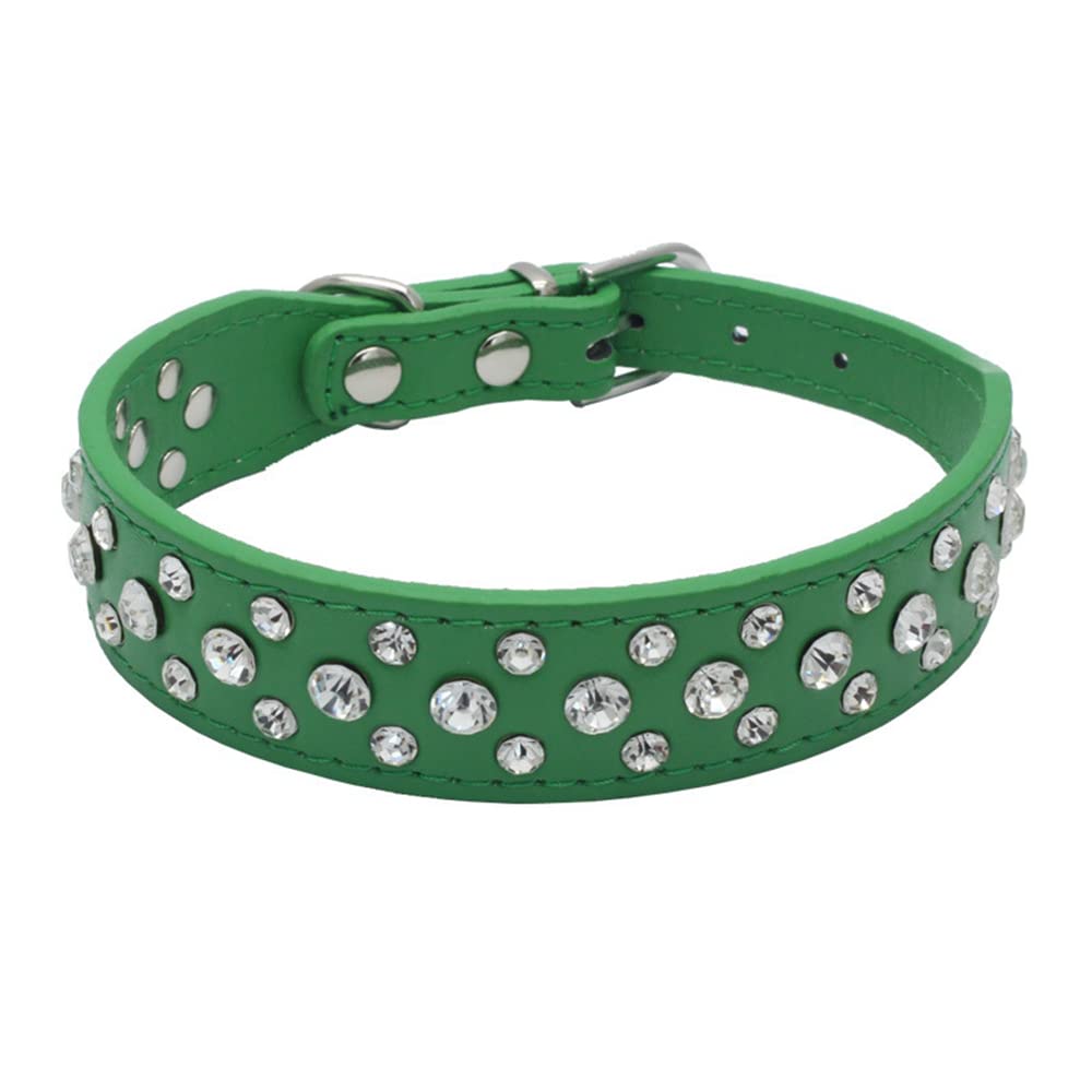 Haoyueer Bling Rhinestone Pu Leather Crystal Diamond Pet Dog Cat Puppy Collar Black S M L Xl (S, Green)