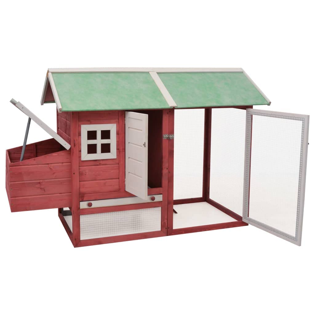 vidaXL Solid Pine/Fir Wood Chicken Cage with Iron Wire Mesh, Non-Slip Ramp and Pull-Out Tray - Red and Green