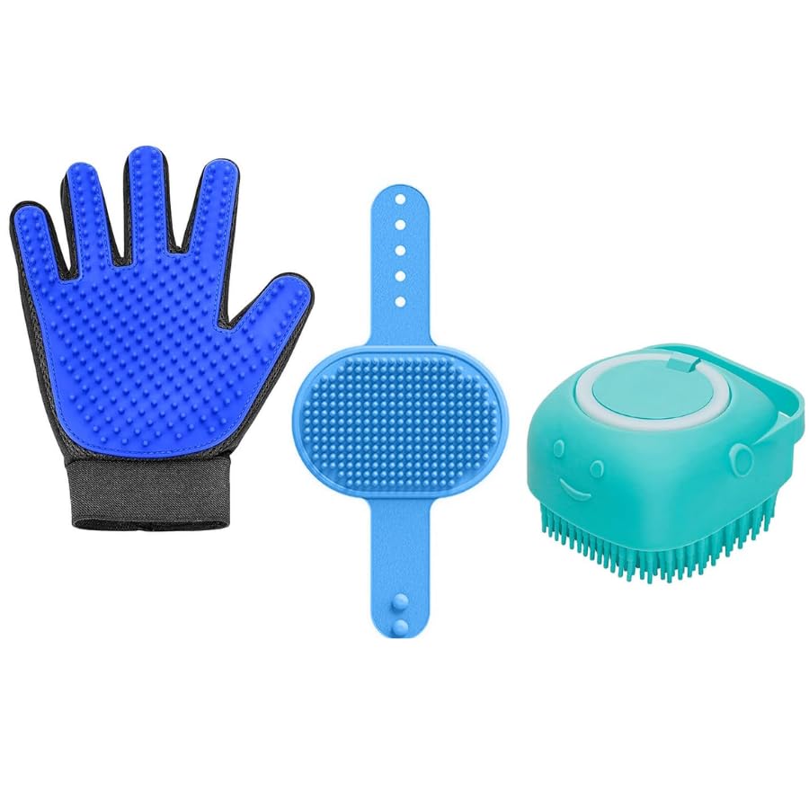 Dog Trust Pet Grooming Combo Of Brush And Massaging Brush For Dogs & Cats | PushButton Clean, Retractable Teeth And Soft Silico