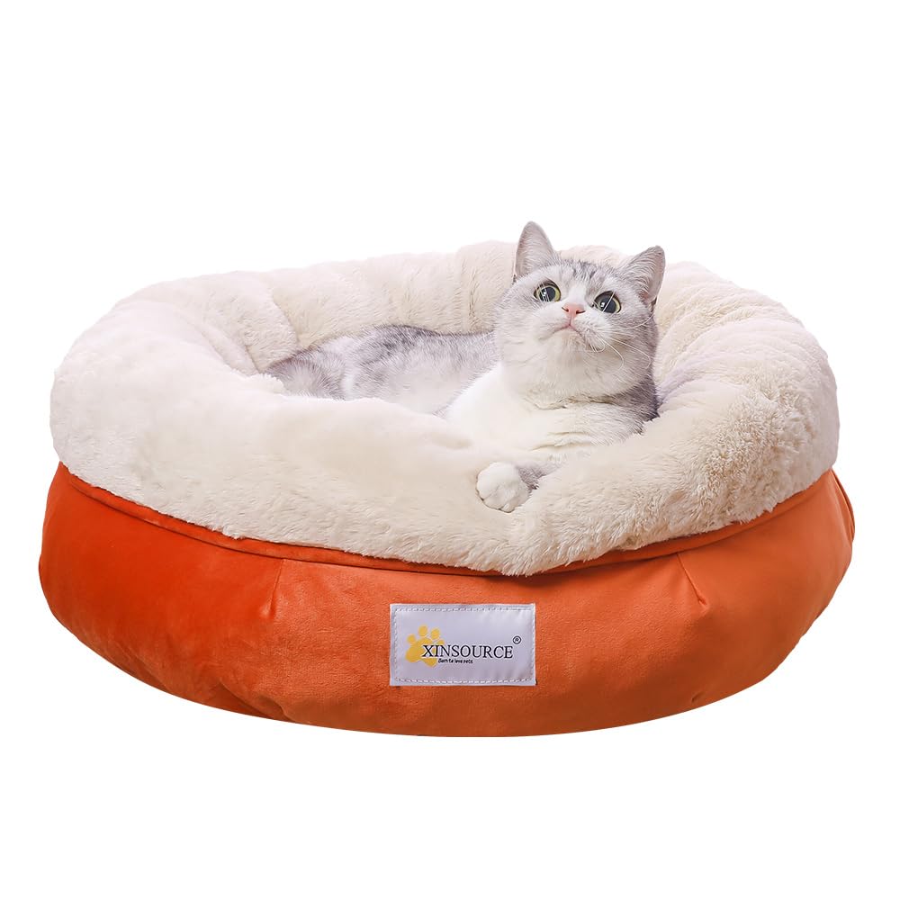 Xinsource Cozy Round Pet Bed - High Walls For Extra Support, Soft Plush Interior, Orange/Grey With Non-Slip Bottom, Machine Wash