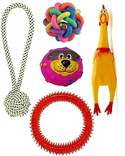 Kspups Durable And Natural Combo Pack Of Spiked Ring + Rope Handle Ball + Face Squeaky Ball + Squeaky Hen Big + Rainbow Ball For