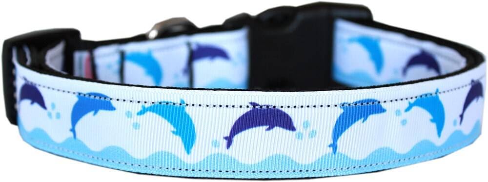 Pet Dog & Cat Nylon Collar or Leash, "Blue Dolphins" LG Collar