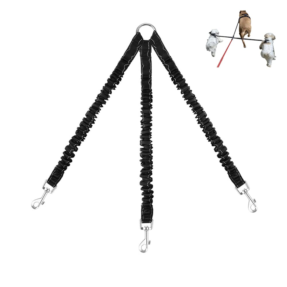 3 Way Dog Leash Coupler Heavy Duty No Pull Multiple Double Tangle Free Trio Nylon Bungee Cord Stretchy Sturdy Pups Lead For Smal