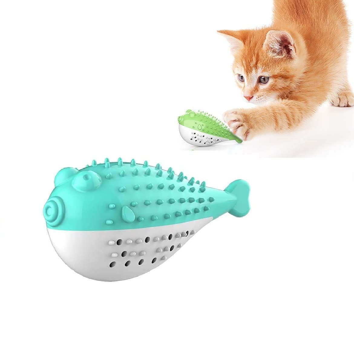 Pups&Pets Playing Feeding Toy With Bell For Kitten Kitty Cats Teeth Cleaning, Puffer Fish Shape Pet Toy, Cat Toothbrush Catnip T