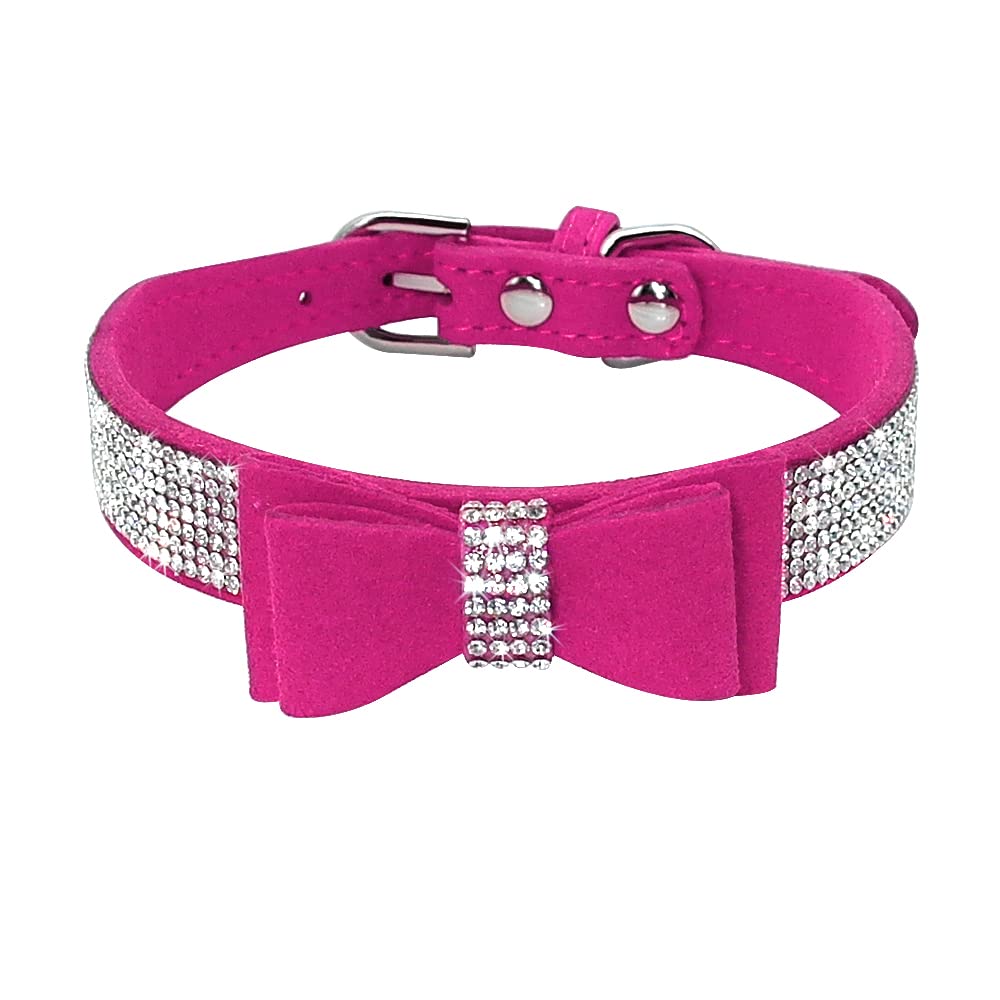 Beirui Rhinestone Bling Leather Dog & Cat Collar - Flocking Sparkly Crystal Diamonds Studded - Cute Double Bowknot For Pet Show & Daily Walking,Hot Pink,Xxs Neck Fit 6-8'