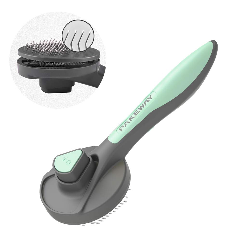 PAKEWAY Cat and Dog Grooming Brush with Release Button  SelfCleaning Pet Brush for Short, Medium & Long Fur (Green)