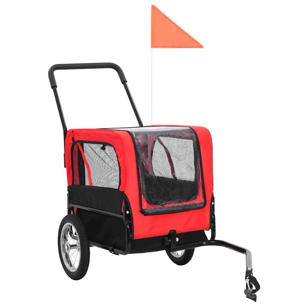 vidaXL 2-in-1 Pet Bike Trailer and Jogging Stroller, Versatile with Quick Conversion, Sturdy Steel Frame, Water-Resistant Oxford Fabric, Mesh Windows, Red and Black