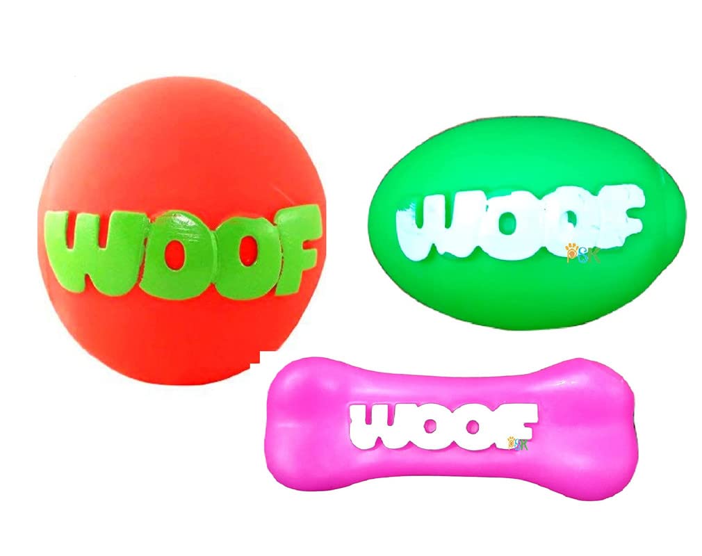 Pet Guard Dog Cat Toy Woof Sound Rubber Squeaker Chew Toy And Woof Bouncy Balls Woof Sounding Bone Chew Toys Combo Pack Color Ma