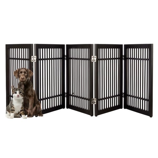 Freestanding Dog Gate - 5-Panel Foldable Indoor Pet Fence - 91x24-Inch Extra Wide Wood Dog Gate for Stairs, Hallways or Doorways