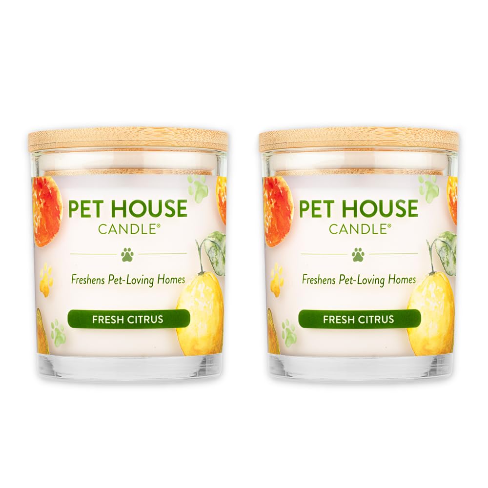 One Fur All Pet House Candle 2 Pack - Plant-Based/Soy - Clean Burning Scented, Long Lasting Pet Odor Candle for Home - Fresh Cit