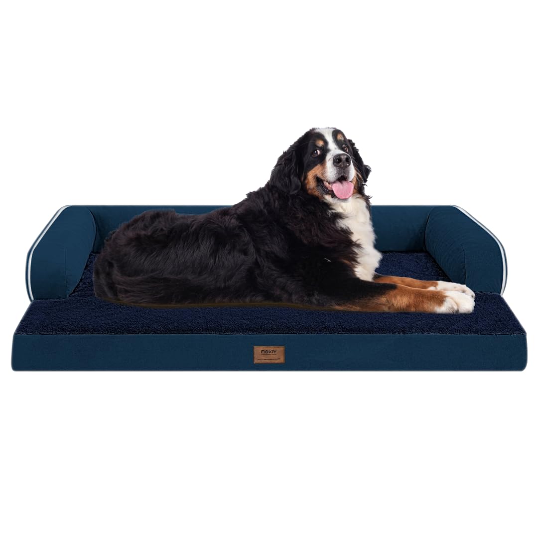 Mekiy Orthopedic Large Dog Bed Washable: Orthopedic Dog Beds For Large Xxxlarge Size Dogs, Waterproof Washable Cover With Egg Foam Removable Bolster, Navy Blue Pet Beds For Large Dogs
