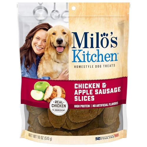 Milos Kitchen Homestyle Dog Treats, Chicken & Apple Sausage Slices, 18 Ounce, High Protein, No Artificial Flavors