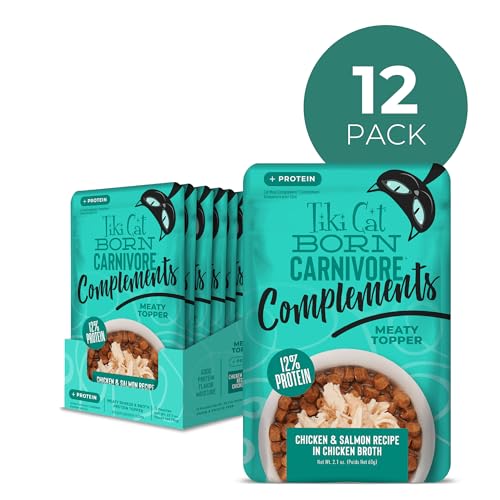 Tiki Cat Born Carnivore Complements Wet Cat Food Topper, Chicken & Salmon 2.1 oz. Pouch (12 Count)