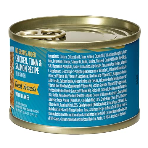 Nulo Grain-Free Real Shreds with Flakes Wet Canned Cat & Kitten Food, Chicken, Tuna, and Salmon in Broth, 6.0 Ounce, 8 Cans