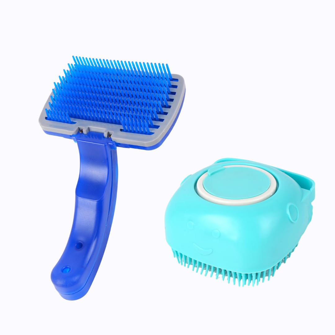 2in1 Pet Grooming & Bath Brush Set  SelfCleaning Slicker Brush + Silicone Soap Dispenser Brush
