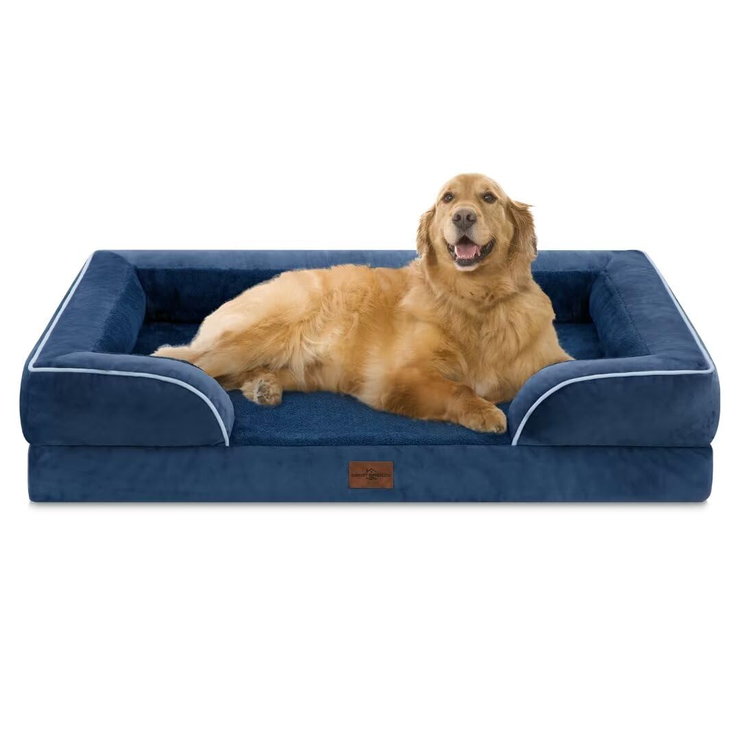Comfort Expression Extra Large Dog Bed, Waterproof Orthopedic Foam Bed With Bolster, Washable Sofa Pet Bed With Removable Cover & Non-Slip Bottom (X-Large, Navy Blue)