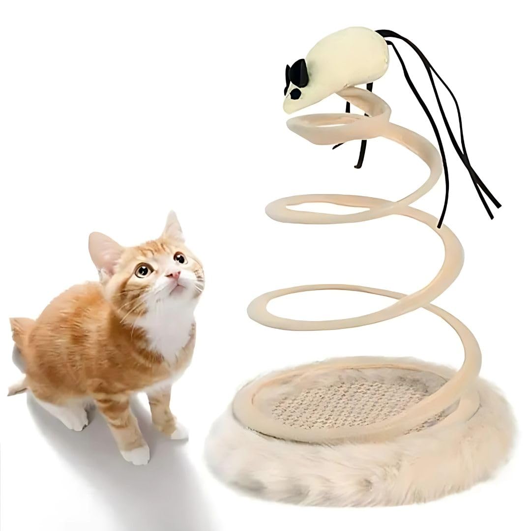 Pet Fun Interactive Spring Spiral Cat Toy With Mouse | Bouncy Teaser With Scratch Pad Plush Base For Mental Stimulation & Exerci