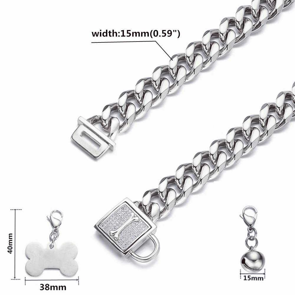 Rumypet Silver Cuban Link Dog Collar Chew Proof Metal Stainless Steel Dog Chain Collar With Cz Lock,Id Tag And Bell 11/15/19Mm For Small Medium Large Dogs(15Mm,16Inch)