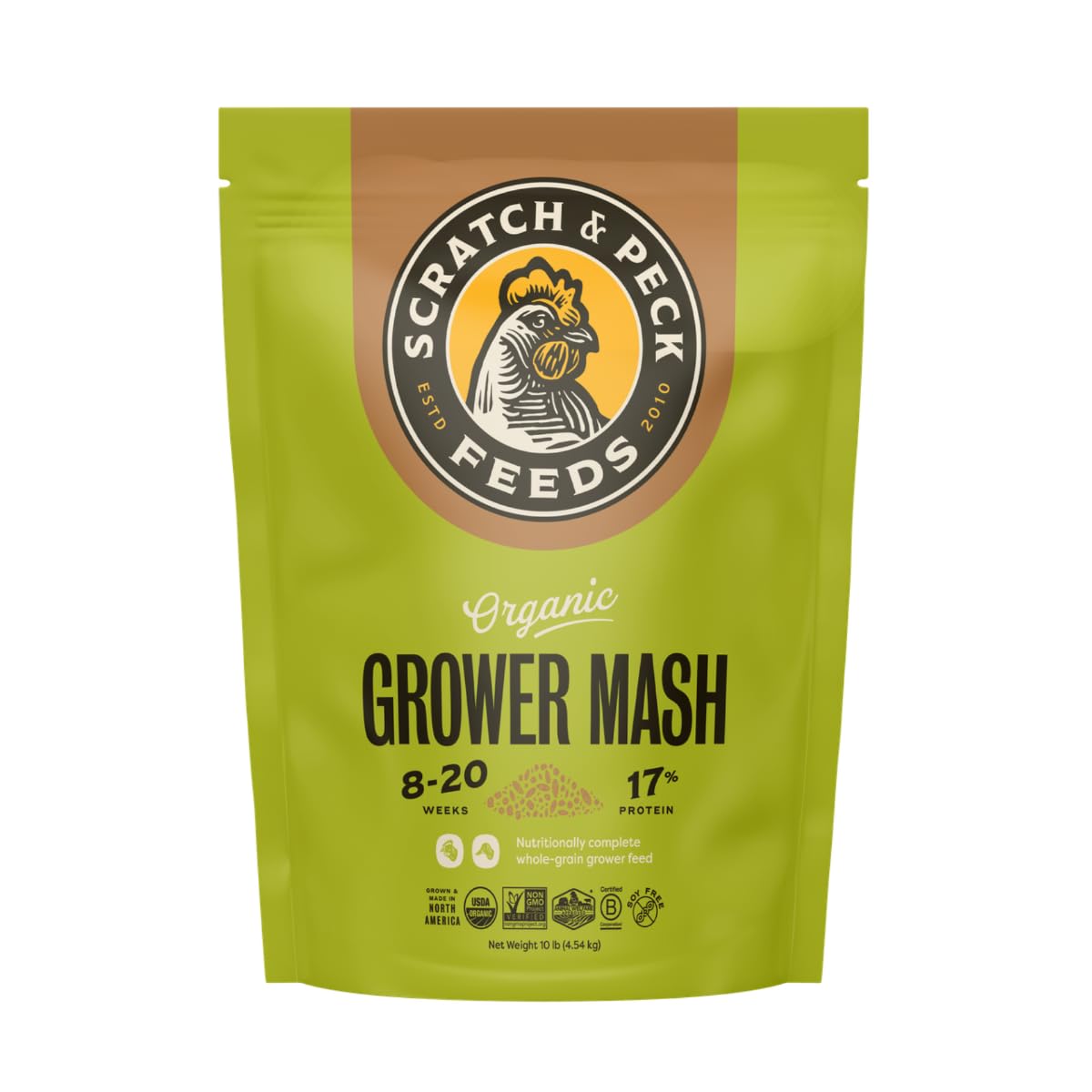 Scratch and Peck Whole Grain Grower Mash Chicken and Duck Feed - 10 lbs Bag - Corn-Free and Soy-Free - 17% Protein, Certified Or