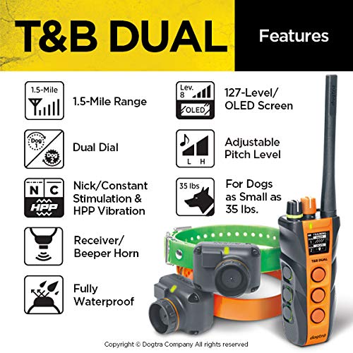 Dogtra T&B Dual Dial 2-Dogs Remote Training And Beeper Collar - 1.5-Mile-Long Range, Sports Upland Hunting, Fully Waterproof, Re