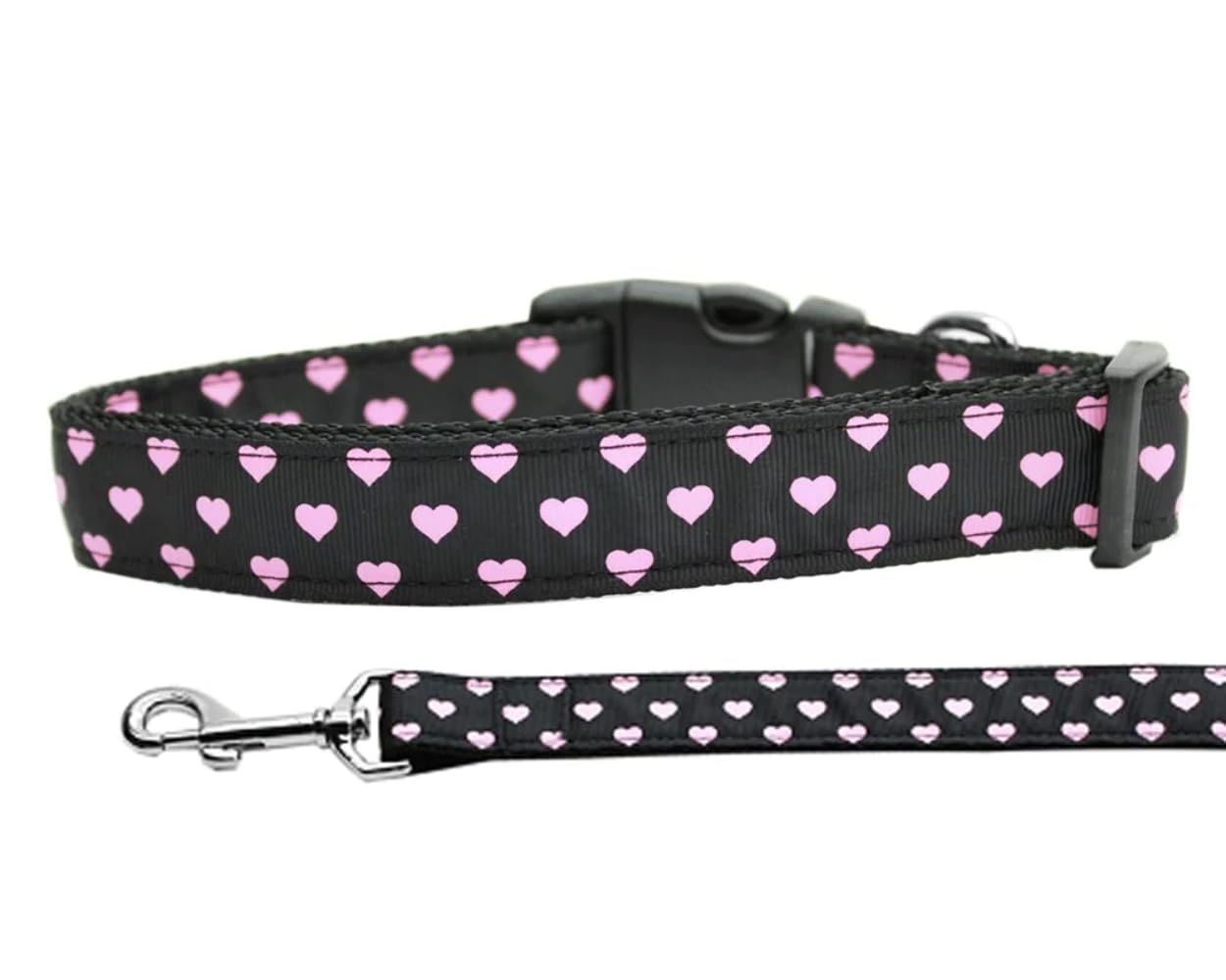 Pet Dog and Cat Nylon Collar or Leash, "Pink & Black Dotty Hearts" 3/8" w x 6 ft. leash