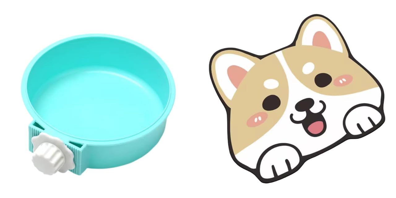 Round Cage Hanging Pet Bowl For Dog And Cat Food With Plastic Lock (Blue) And Adorable Crystal Velvet Cartoon Cat Litter Mat  U