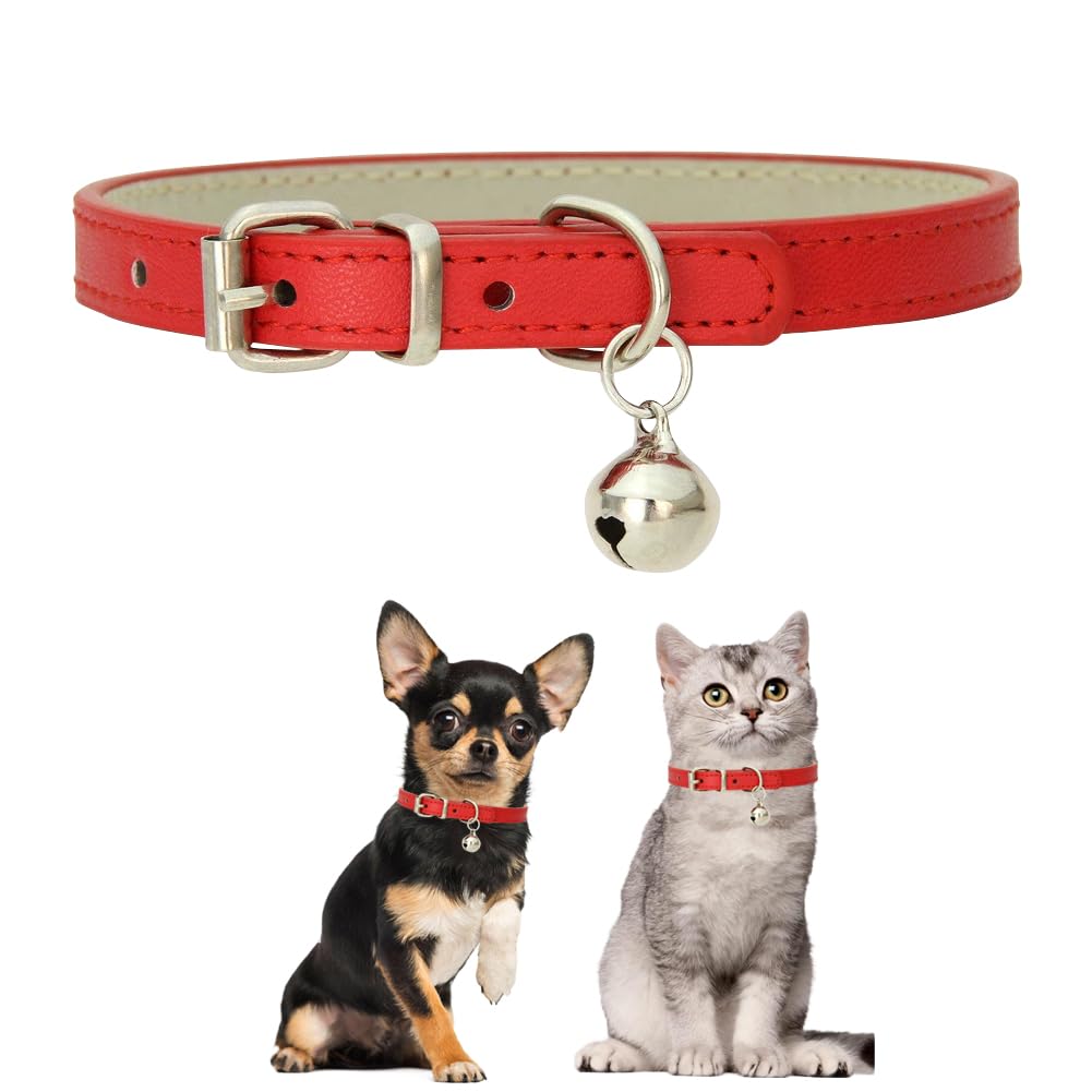 Red Small Dog Collar With Bell,Kitten Collars With Bell,Soft Pu Leather Puppy Collar Adjustable Buckle For Xxs Extra Small Mediu