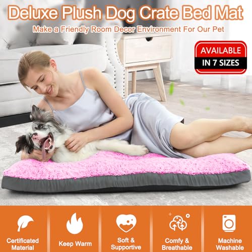 Pocblue Deluxe Washable Xl Dog Bed Dog Crate Mat 42 Inch Comfy Fluffy Kennel Pad Anti-Slip For Dogs Up To 90 Lbs, 42' X 28', Pink