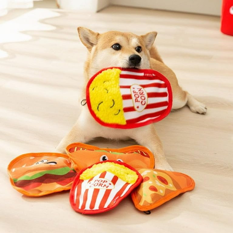 Squeaky Interactive Dog Toy, Fast Food Series, Crinkle and Squeak, Plush, Popcorn, Hot Dog, Burger, Pizza for Dogs and Cats