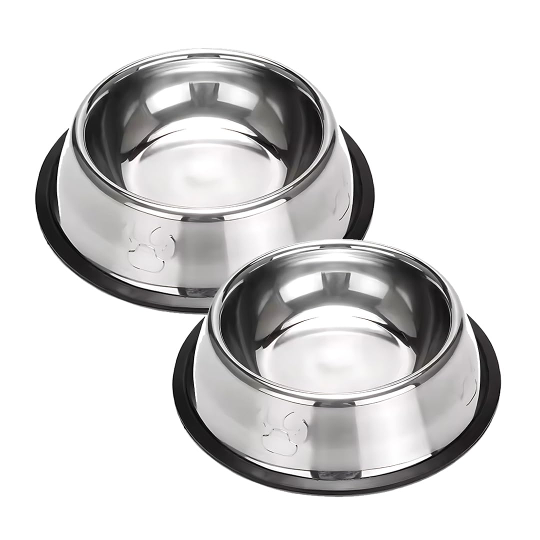 Pet Fun Paw Print Design Stainless Steel Dog & Cat Feeding Bowl Combo (700Ml) | NonSkid Rubber Base | RustResistant Dishwasher