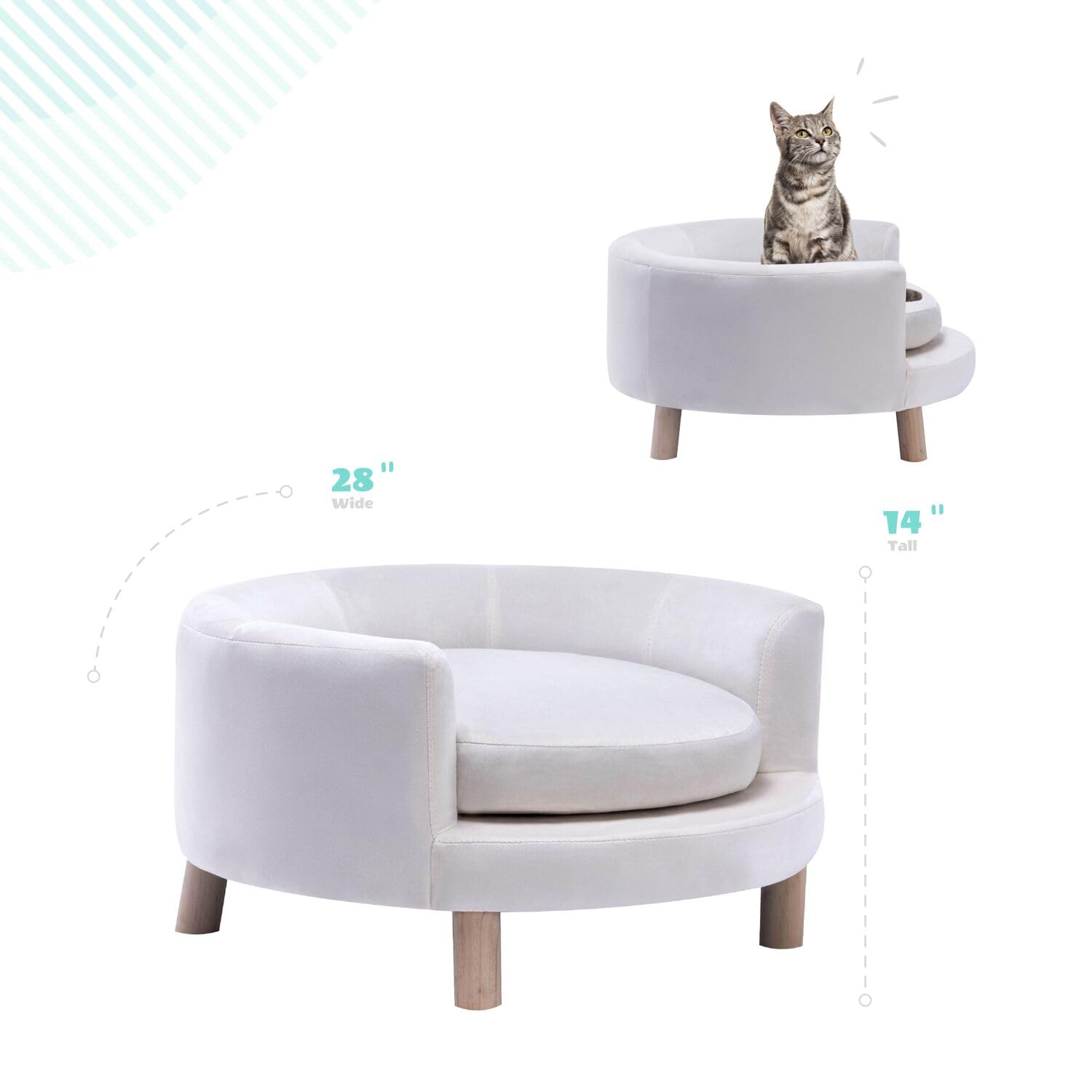 Critter Sitters 28-In. Elegant Circular Dog & Cat Sofa, Modern Elevated Pet Bed in Faux-Velvet White, Comfortable for Small to M