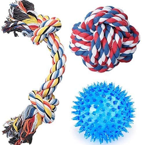 D&C Paws Durable Non Toxic Combo Set Of Rubber Ball Toy/Long Handle Rope And Knooted Rope Ball Toy Ideal For Playing And Chewing