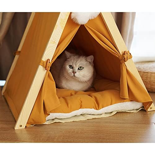 Solid Wood Cat Indoor Tent With Thick Mat,Portable Dog House Dog Teepee Tent,Cute Cat Teepee Cave Cat Bed,Dog Bed (Orange)